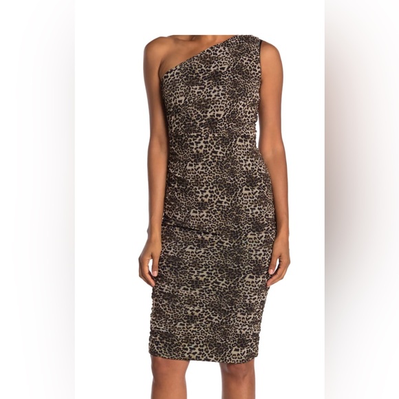 NWT One Shoulder Ruched Leopard Dress - Picture 2 of 6